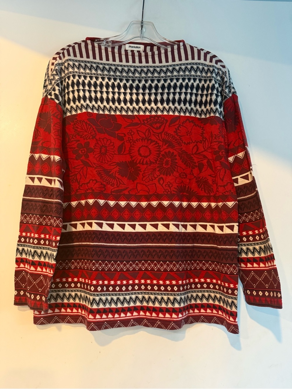 Plantation Issey Miyake Japan Floral Geometric Knit Cotton Top Red Size M